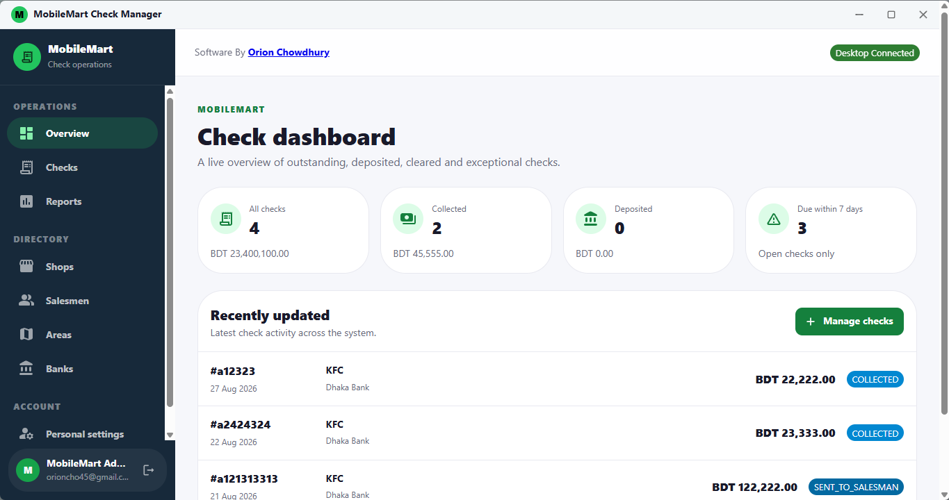 MobileMart Check Manager desktop dashboard